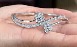 Silver Tone Cloverleaf Layered CZ Bangle Cuff Bracelet